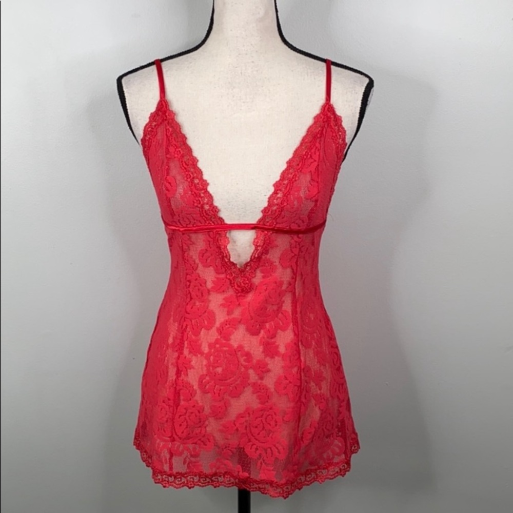 Victoria Secret red deep v plunge lace chemise - S